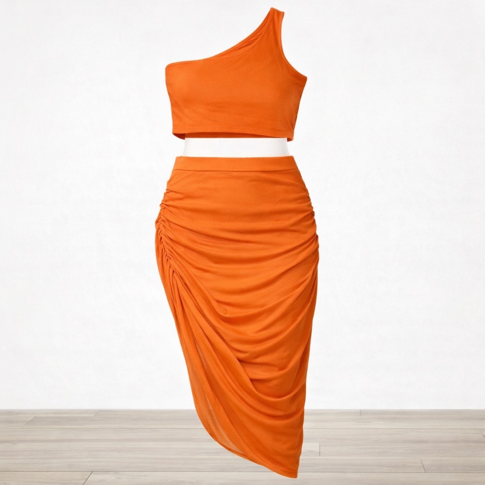 SHEIN BAE Orange Ruched 2 Piece Skirt Set Plus Size 1XL - Picture 2 of 6